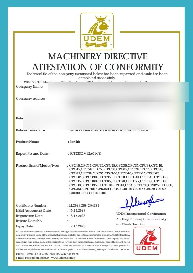 CE Machinery Directive Attestation of Conformity